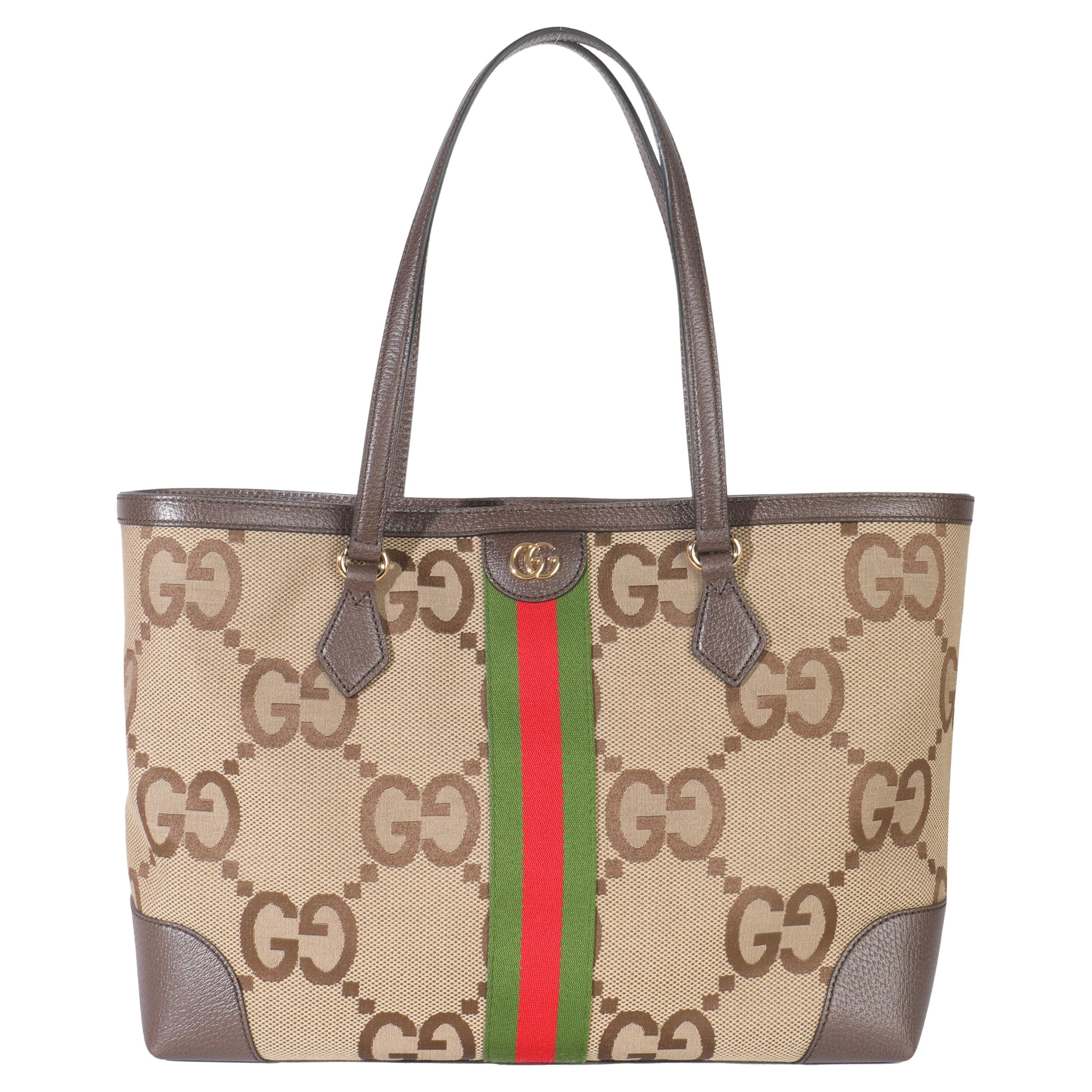Gucci Beige Monogram Jumbo GG Textured Calfskin Web Medium Ophidia Shopping Tote