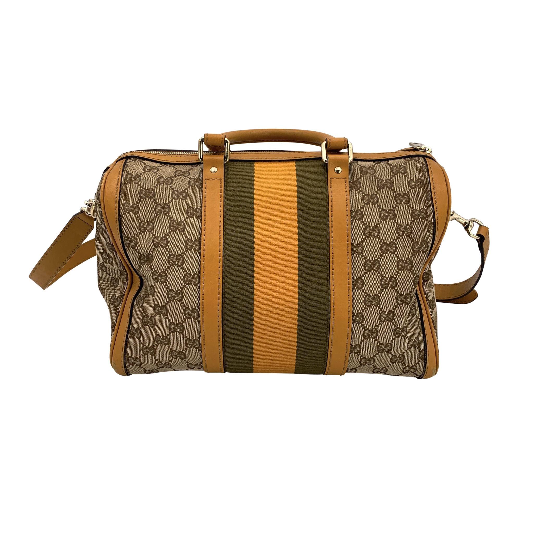 Marron Gucci Beige Monogram Yellow Web Stripes Boston Bag with Strap en vente