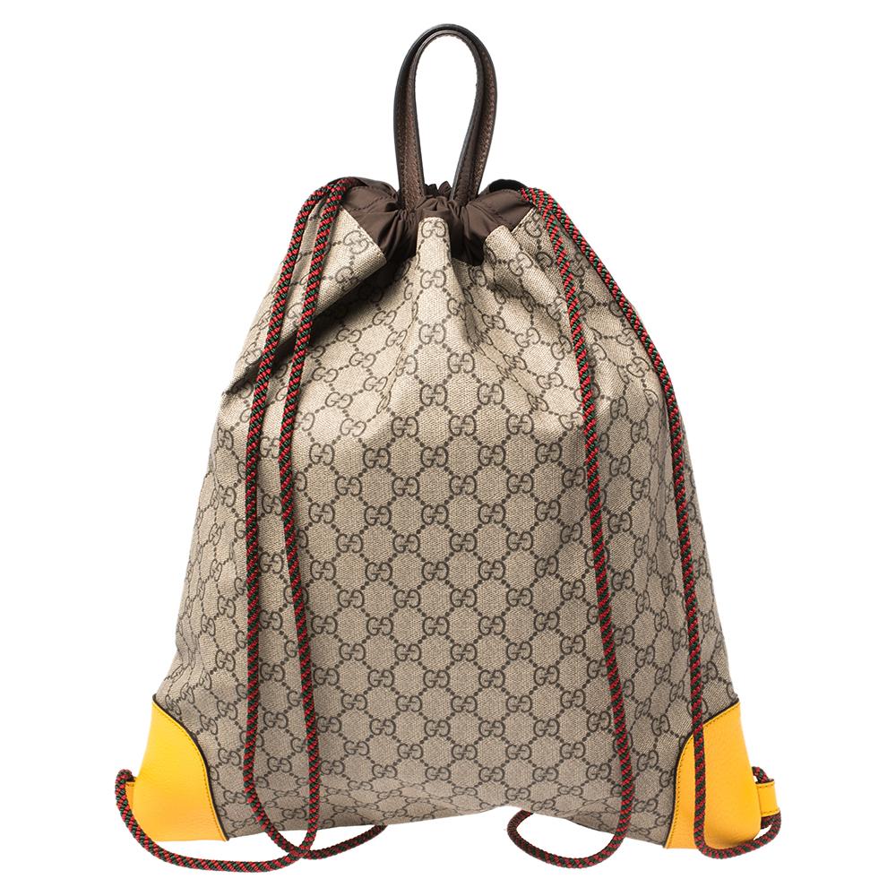 Men's Gucci Beige/Mustard GG Supreme Canvas and Leather Neo Vintage Drawstring Backpac