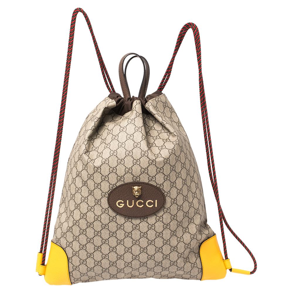 Gucci Beige/Mustard GG Supreme Canvas and Leather Neo Vintage Drawstring Backpac