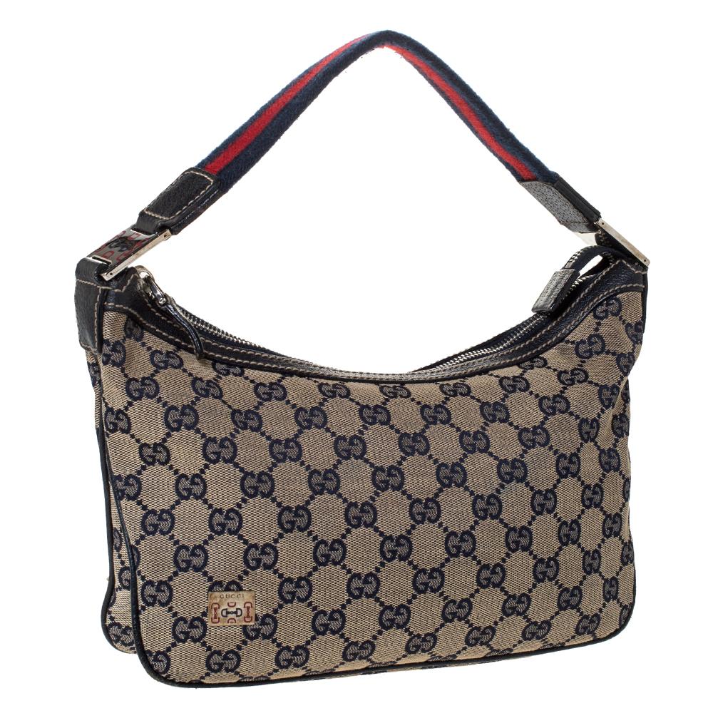 Gucci Beige/Navy Blue GG Canvas and Leather Web Shoulder Bag In Good Condition In Dubai, Al Qouz 2