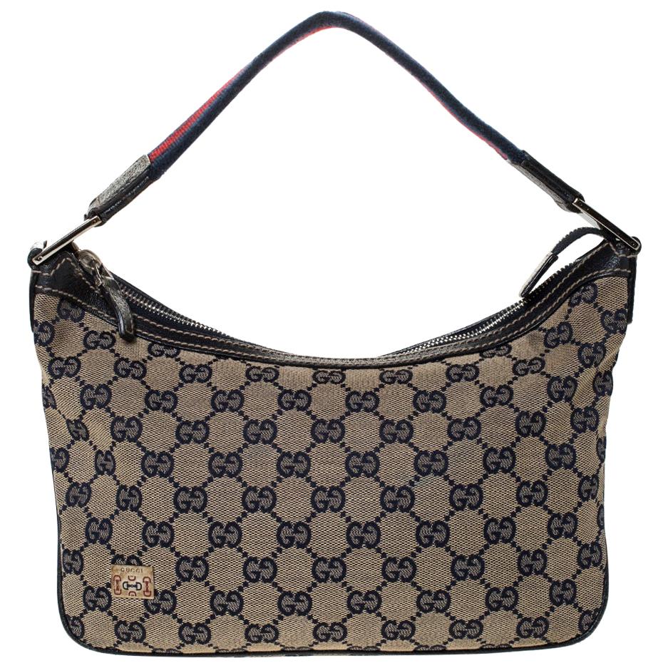 Gucci Beige/Navy Blue GG Canvas and Leather Web Shoulder Bag