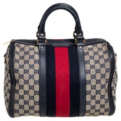 Gucci Beige/Navy Blue GG Canvas Medium Vintage Web Boston Bag