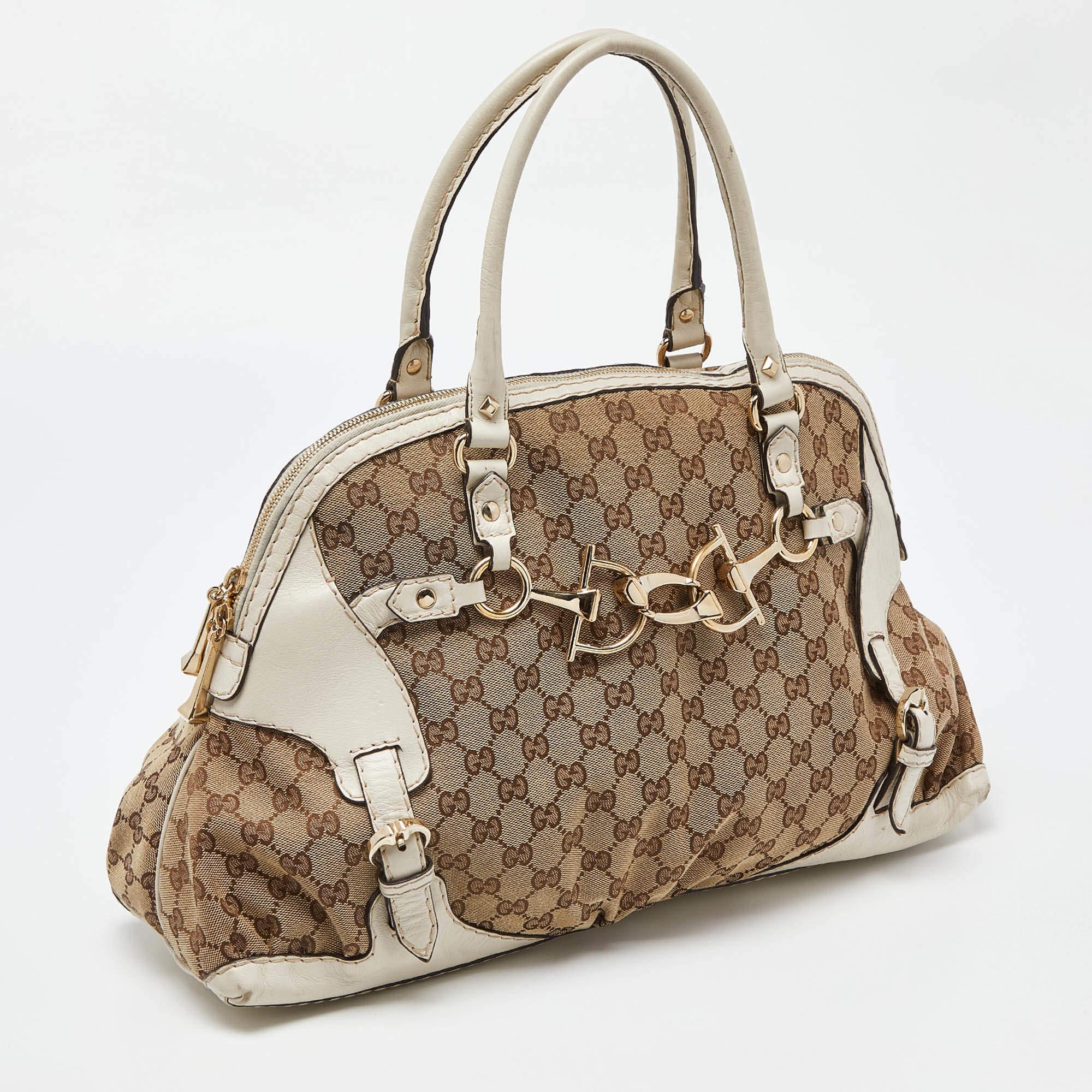 Brown Gucci Beige/Off White GG Canvas and Leather Bag For Sale