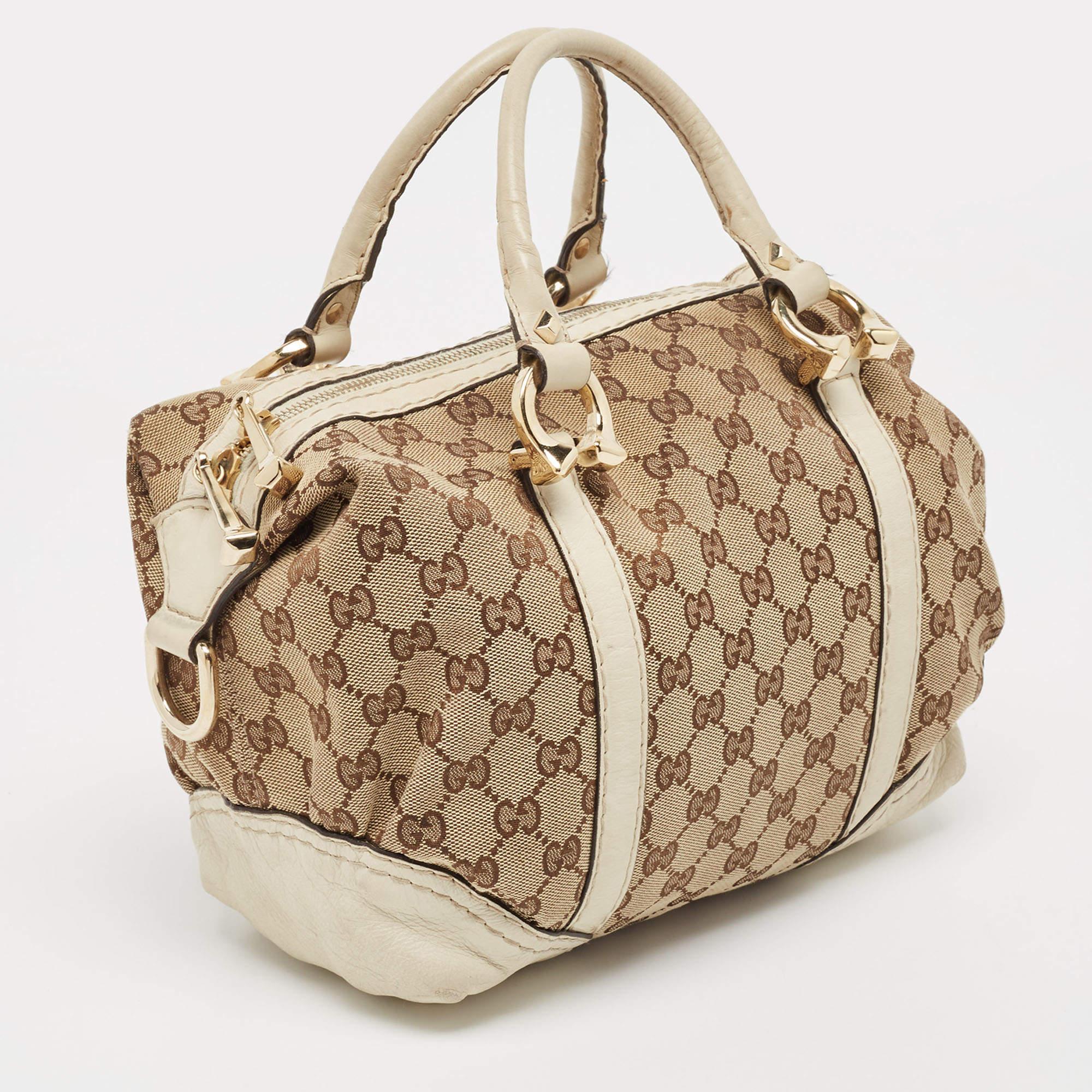 Gucci Beige/Off White GG Canvas and Leather Equestrian Horseshoe Satchel For Sale 3