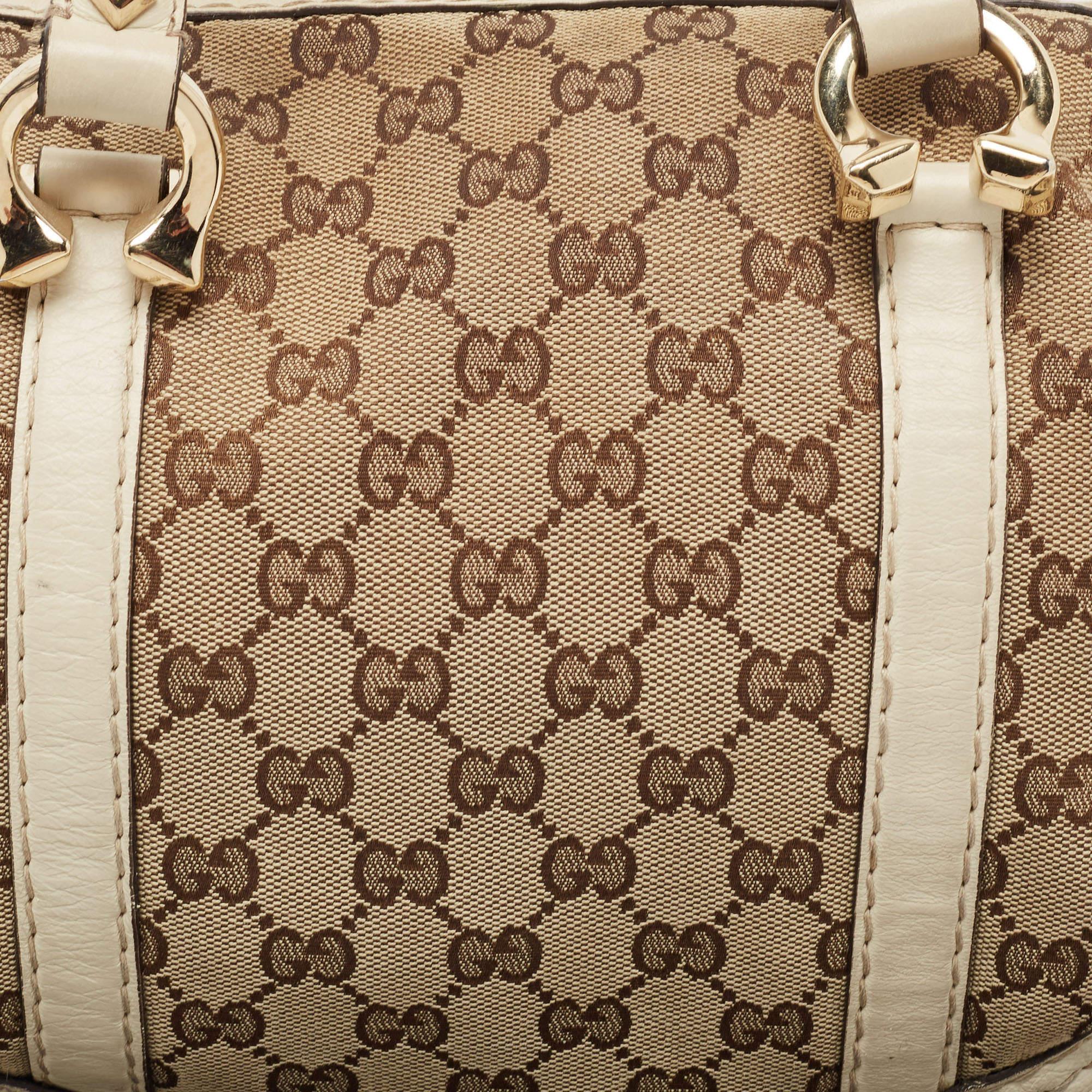 Gucci Beige/Off White GG Canvas and Leather Equestrian Horseshoe Satchel For Sale 4