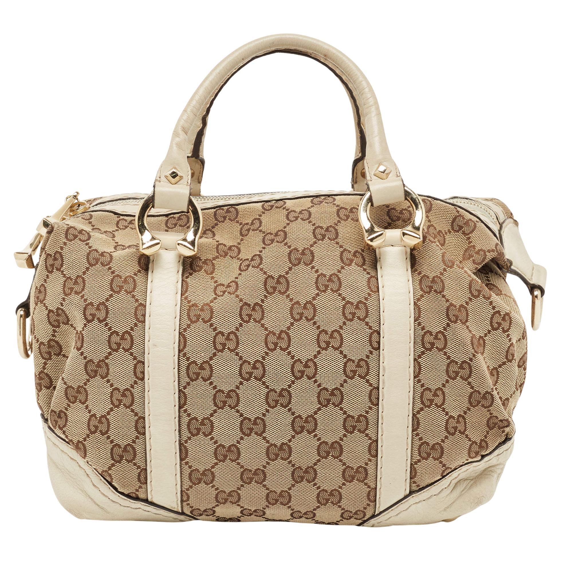 Gucci Beige/Off White GG Canvas and Leather Equestrian Horseshoe Satchel For Sale