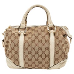 Gucci Beige/Off-White GG Equestrian Horseshoe Satchel en toile et cuir