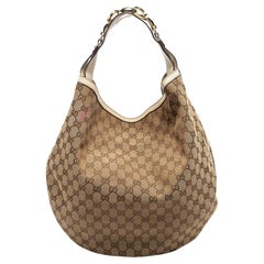 Gucci Beige/Off White GG Tela e Pelle Horsebit Catena Hobo