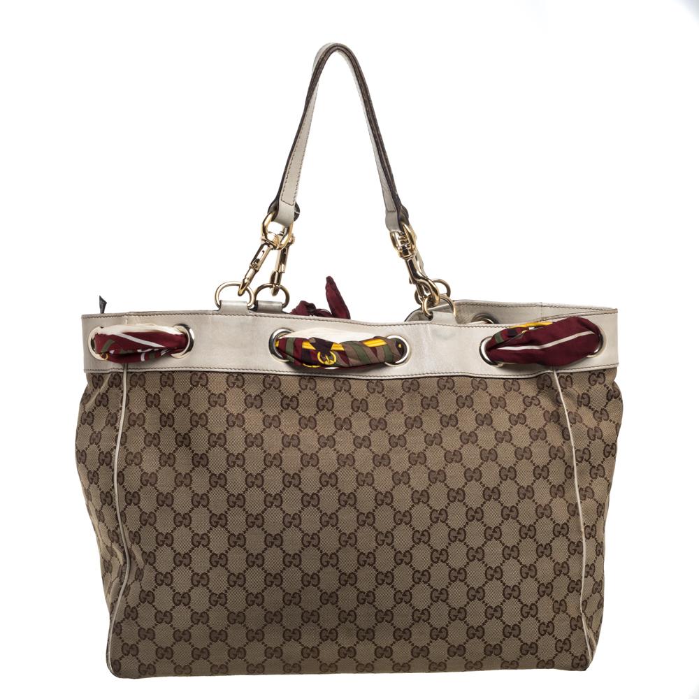 Gucci Beige/Off White GG Canvas and Leather Large Positano Scarf Tote For  Sale at 1stDibs