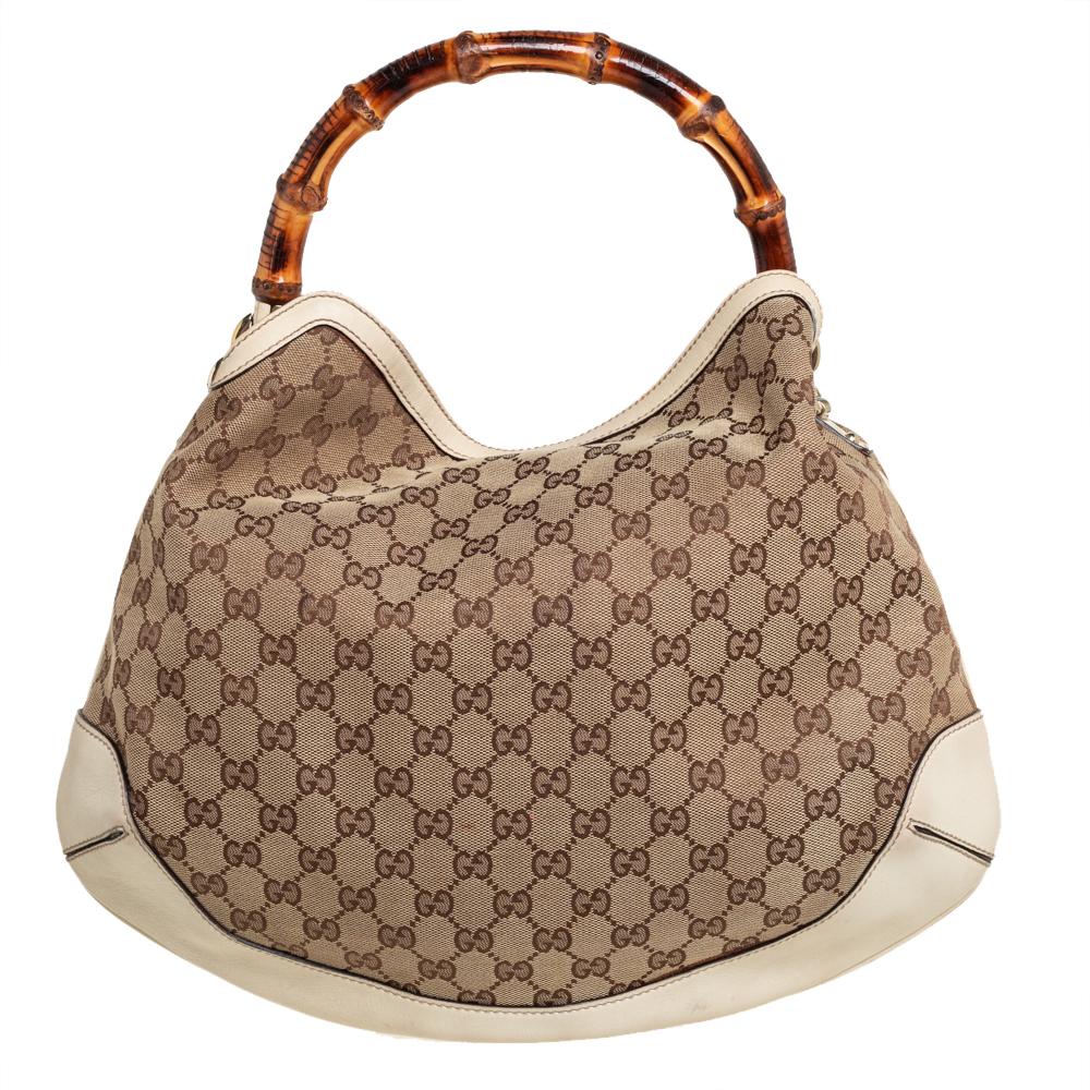 Gucci Beige/Off White GG Canvas Diana Bamboo Hobo im Zustand „Gut“ in Dubai, Al Qouz 2