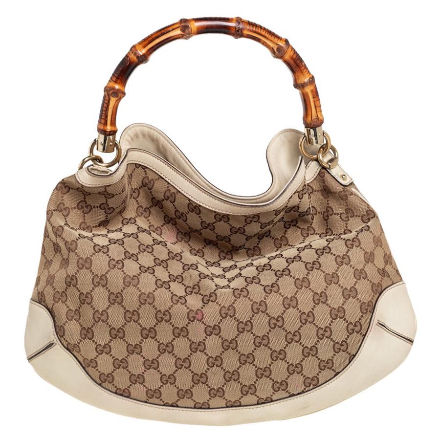 Gucci Beige/Off White GG Canvas Diana Bamboo Hobo