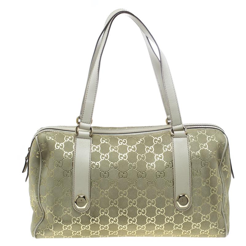 Gucci Beige/Off White GG Suede Boston Bag In Good Condition In Dubai, Al Qouz 2
