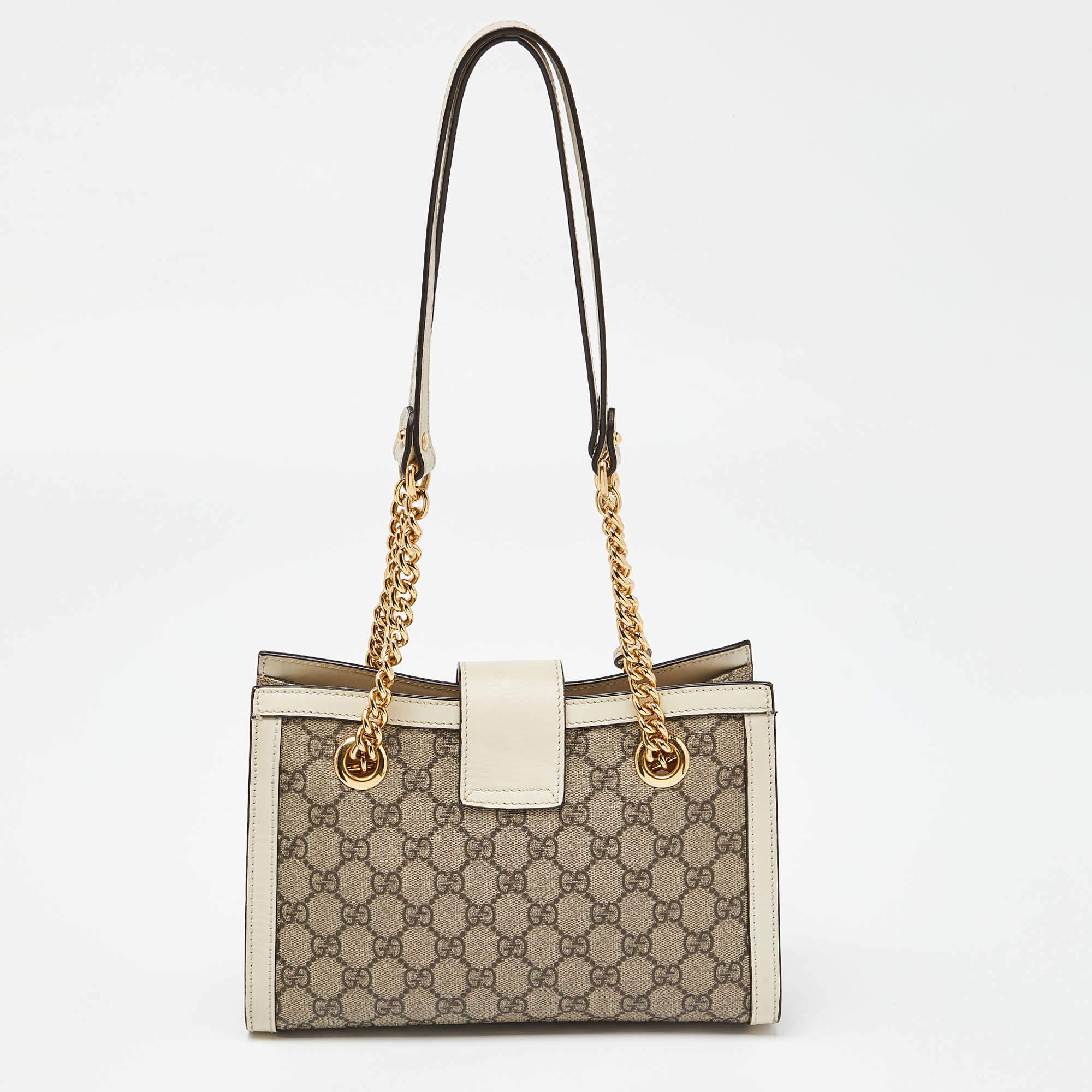 Women's Gucci Beige/Off White GG Supreme Canvas and Leather Small Padlock Tote