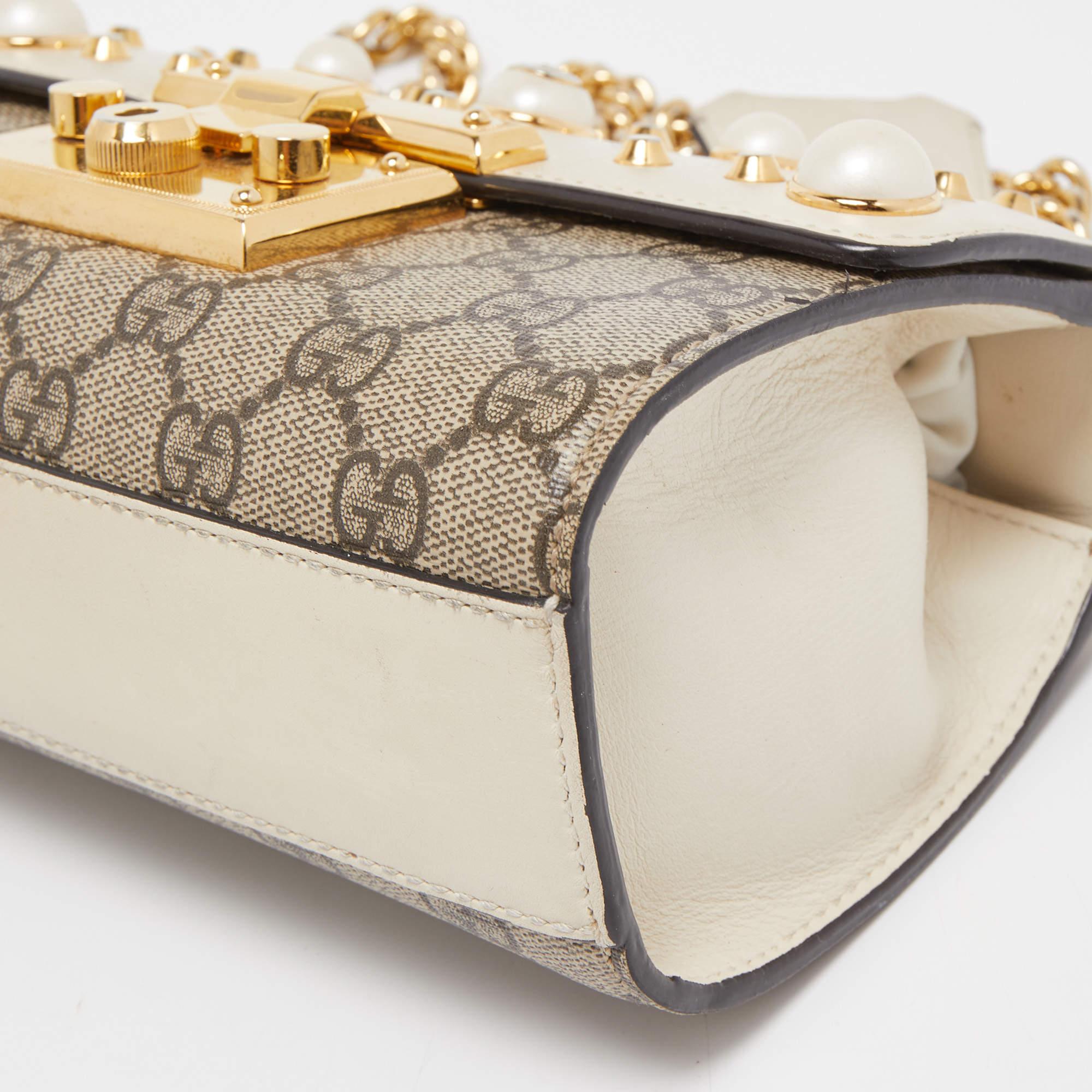 Gucci Beige/Off White GG Supreme Canvas and Leather Small Pearl Embellished 5
