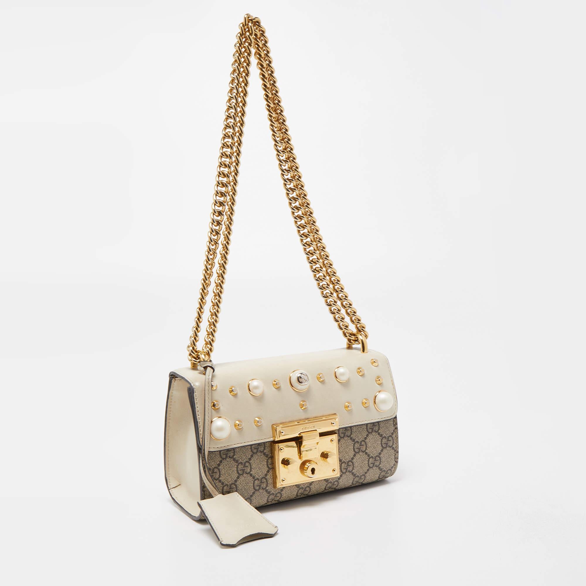 Gucci Beige/Off White GG Supreme Canvas and Leather Small Pearl Embellished In Good Condition In Dubai, Al Qouz 2