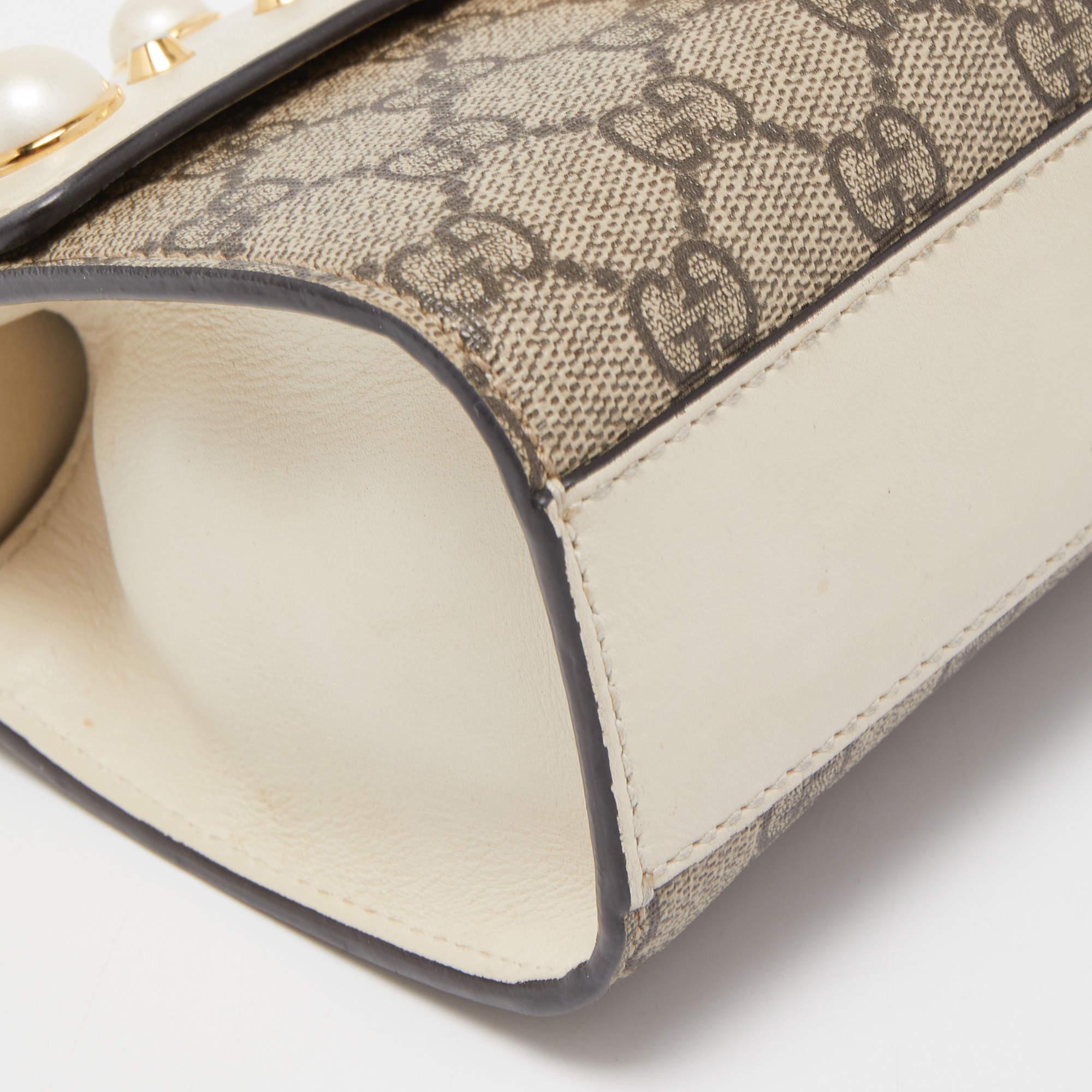 Gucci Beige/Off White GG Supreme Canvas and Leather Small Pearl Embellished 4