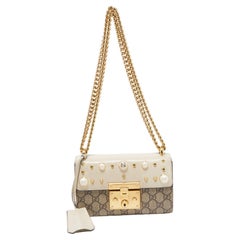 Gucci Beige/Off White GG Supreme Canvas and Leather Small Pearl Embellished 