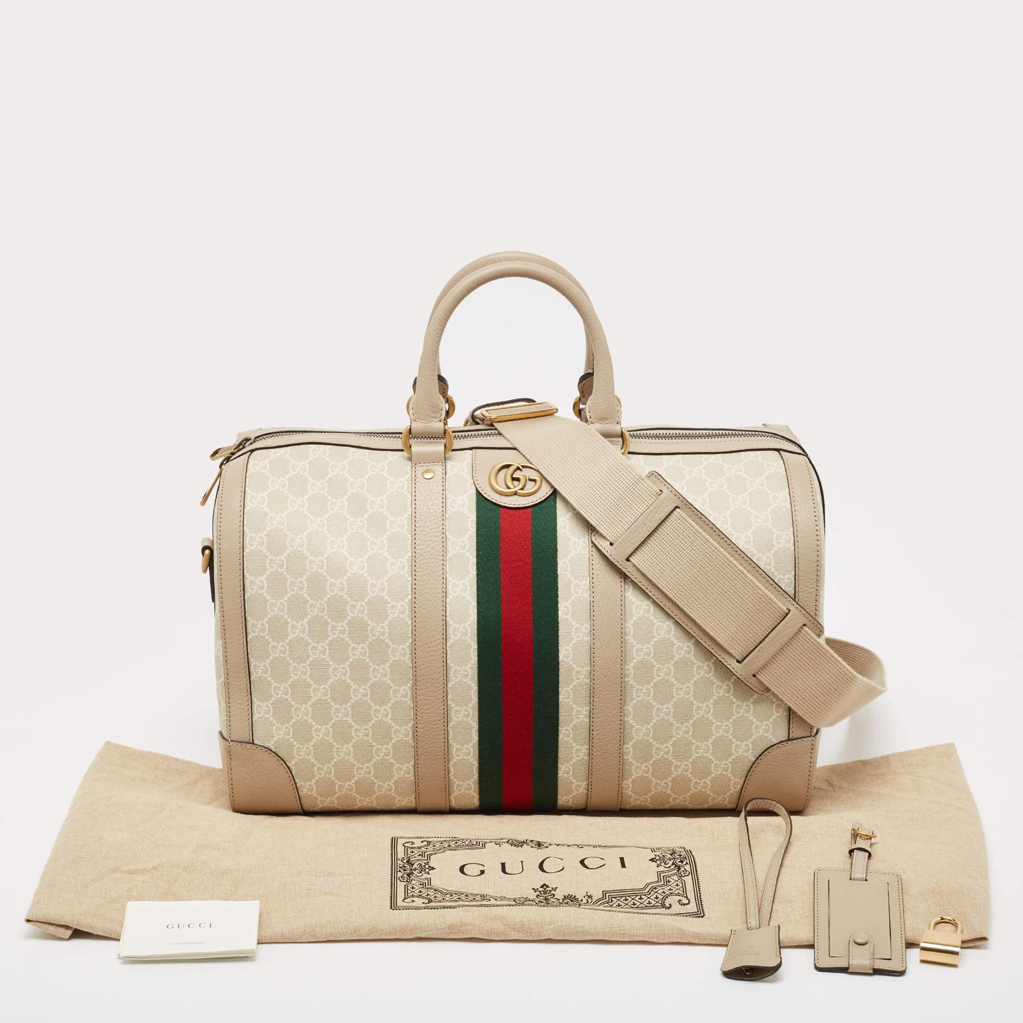 Gucci Beige/Off White GG Supreme Canvas Medium Web Savoy Duffle Bag 10