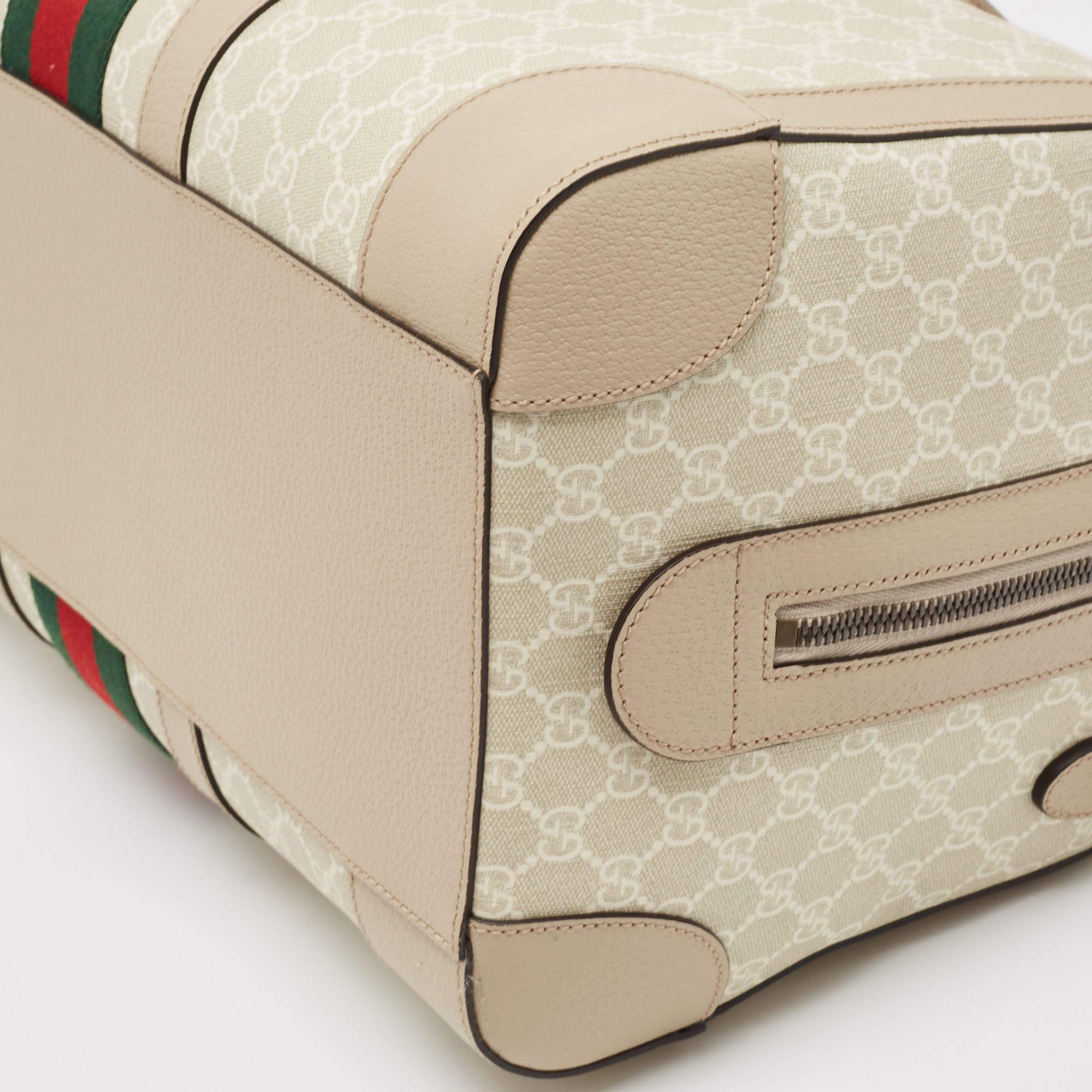 Women's Gucci Beige/Off White GG Supreme Canvas Medium Web Savoy Duffle Bag