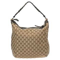 Gucci Beige/Olive Green GG Canvas and Leather Bamboo Bar Hobo