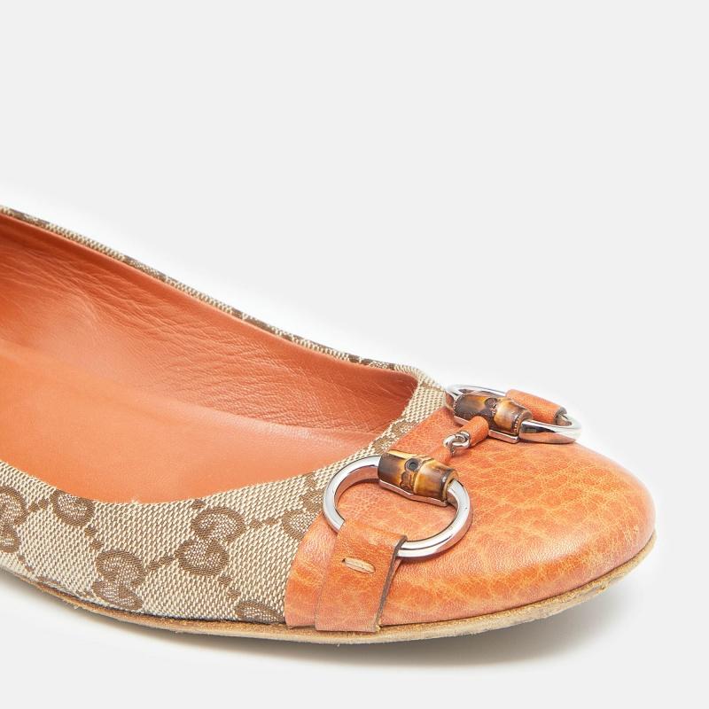 Women's Gucci Beige/Orange GG Canvas And Leather Horsebit Ballet Flats Size 39.5