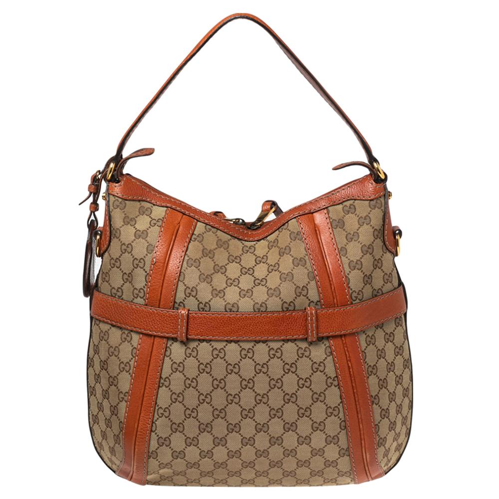 Gucci Beige/Orange GG Canvas and Leather Medium Double G Running Hobo 5