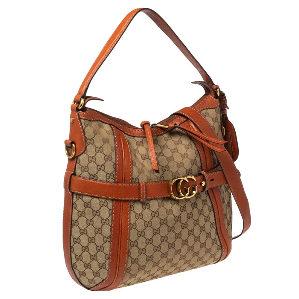 Gucci Beige/Orange GG Canvas and Leather Medium Double G Running Hobo 9