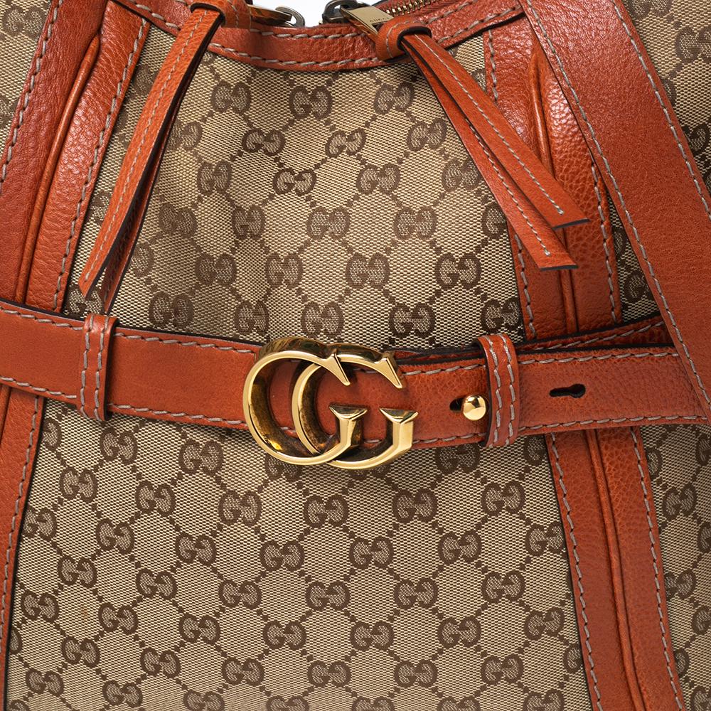 Gucci Beige/Orange GG Canvas and Leather Medium Double G Running Hobo In Good Condition In Dubai, Al Qouz 2