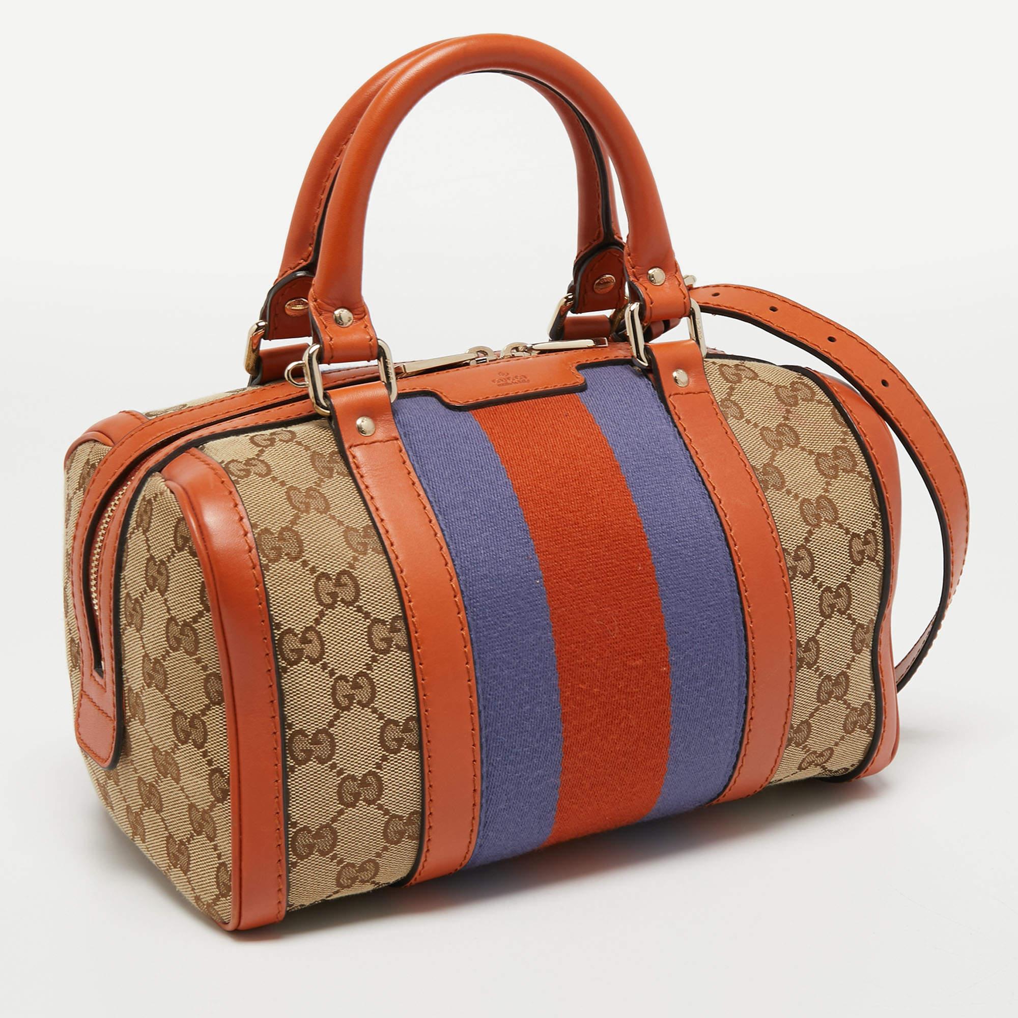Women's Gucci Beige/Orange GG Canvas and Leather Small Vintage Web Boston Bag
