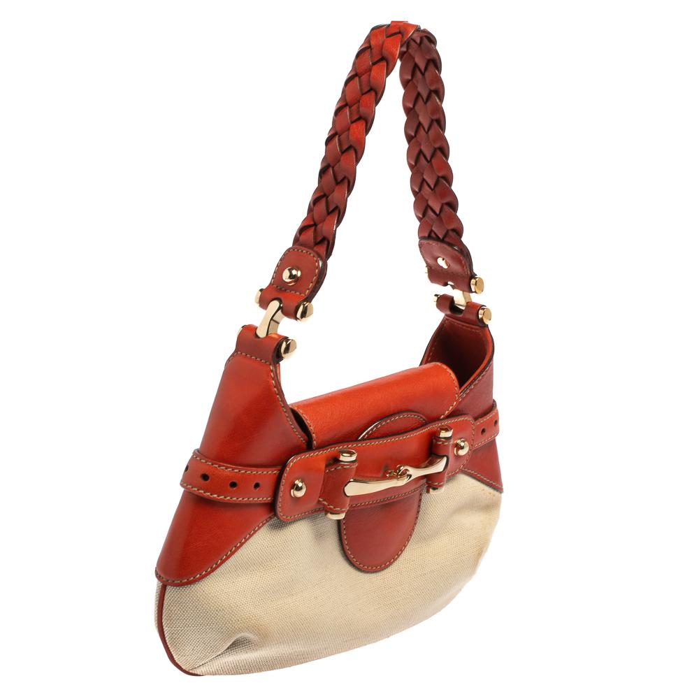 Brown Gucci Beige/Orange Leather and Canvas Hobo