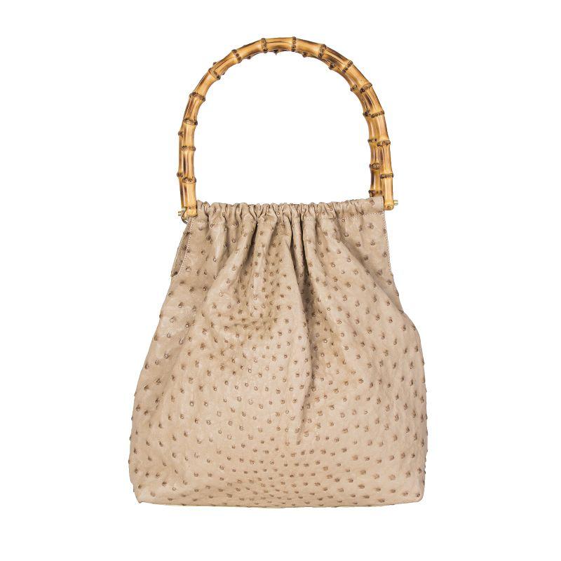 Beige GUCCI beige OSTRICH BAMBOO HANDLE Soft Tote Bag