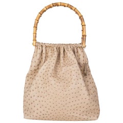 GUCCI beige OSTRICH BAMBOO HANDLE Soft Tote Bag