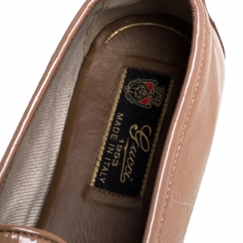 Gucci Beige Patent Leather Horsebit Slip On Loafers Size 38 For Sale 1