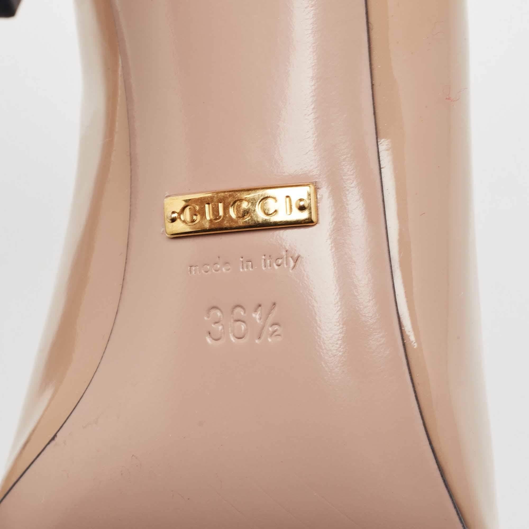Gucci Beige Patent Leather Horsebit Square Toe Pumps Size 36.5 For Sale 4