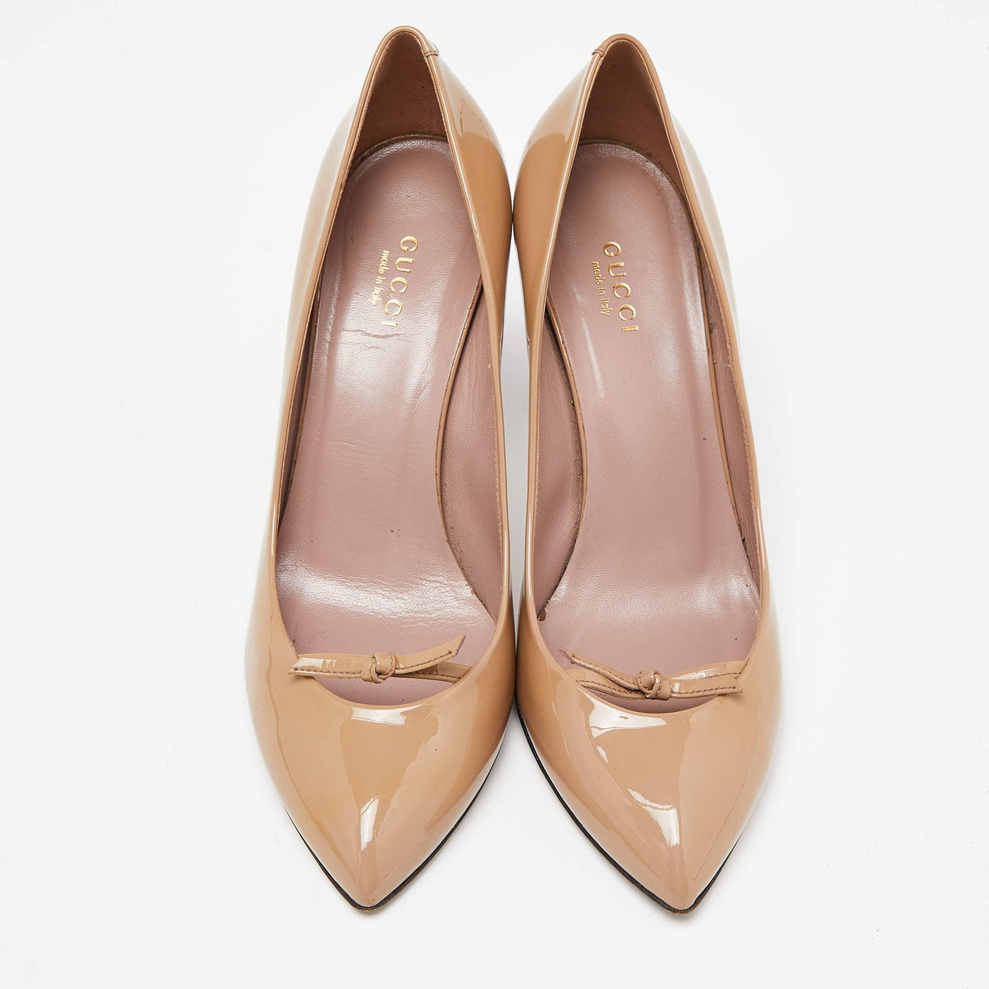 Gucci Beige Patent Leather Knotted Bow Detail Pumps Size 37 3