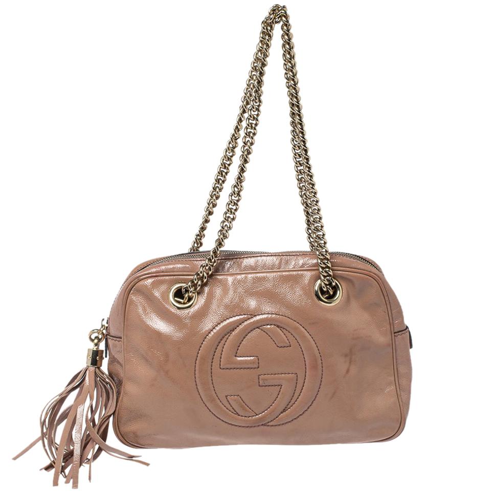 Gucci Beige Patent Leather Large Soho Chain Shoulder Bag