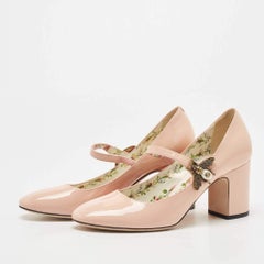Gucci Beige Patent Leather Lois Bee Mary Jane Block Heel Pumps Size 37