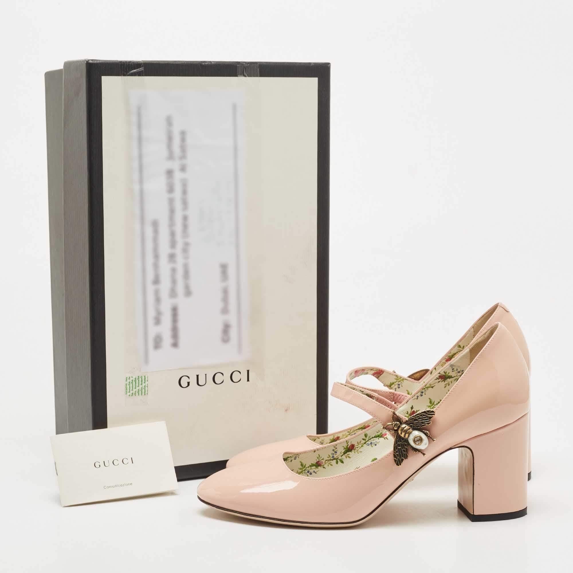 Gucci Beige Patent Leather Lois Bee Mary Jane Block Heel Pumps Size 37 3