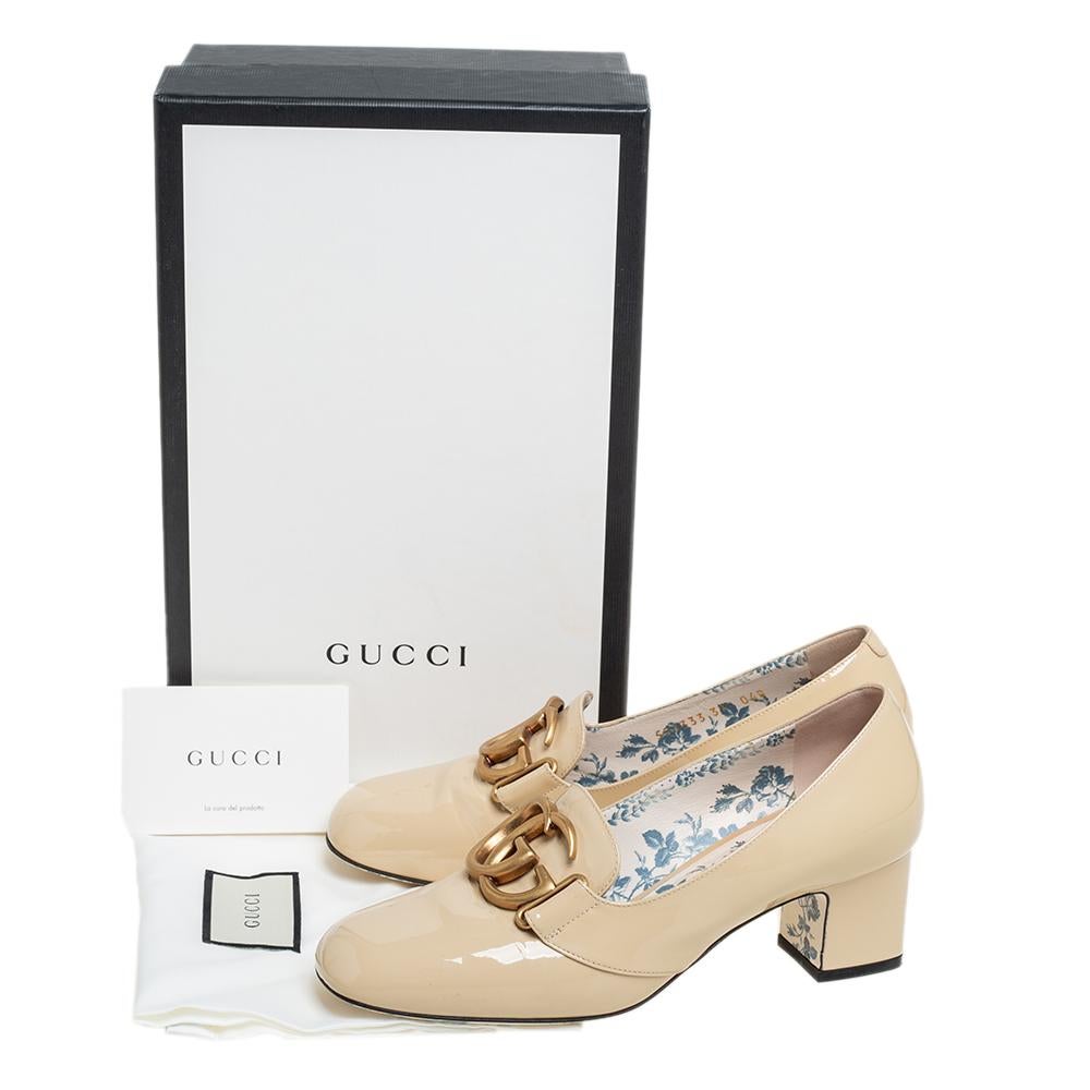 Gucci Beige Patent Leather Victoire GG Logo Block Heel Pumps Size 37 1
