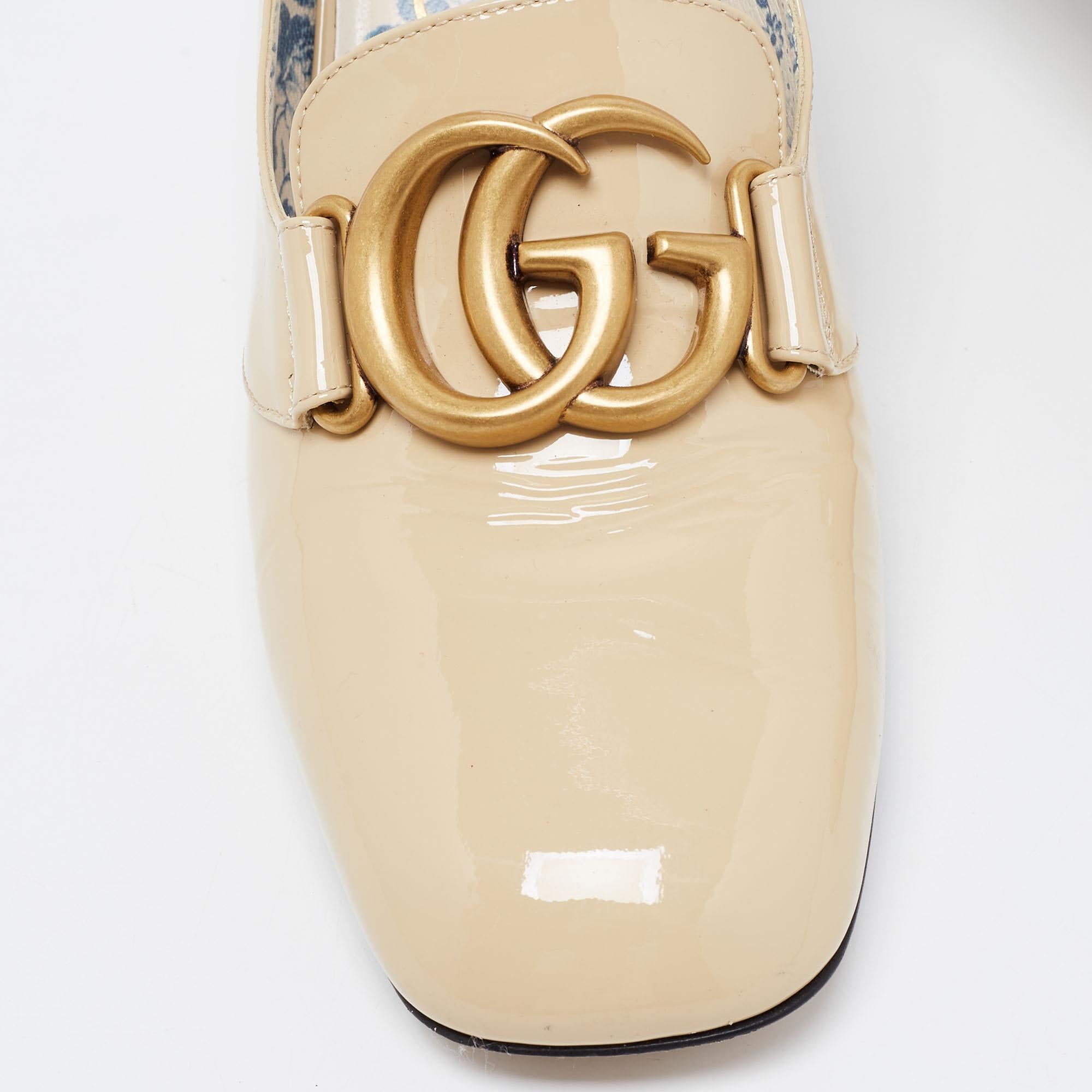 Gucci Beige Patent Leather Victoire GG Logo Block Heel Pumps Size 39.5 1