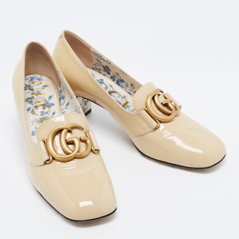 Gucci Beige Patent Leather Victoire GG Logo Block Heel Pumps Size 39.5