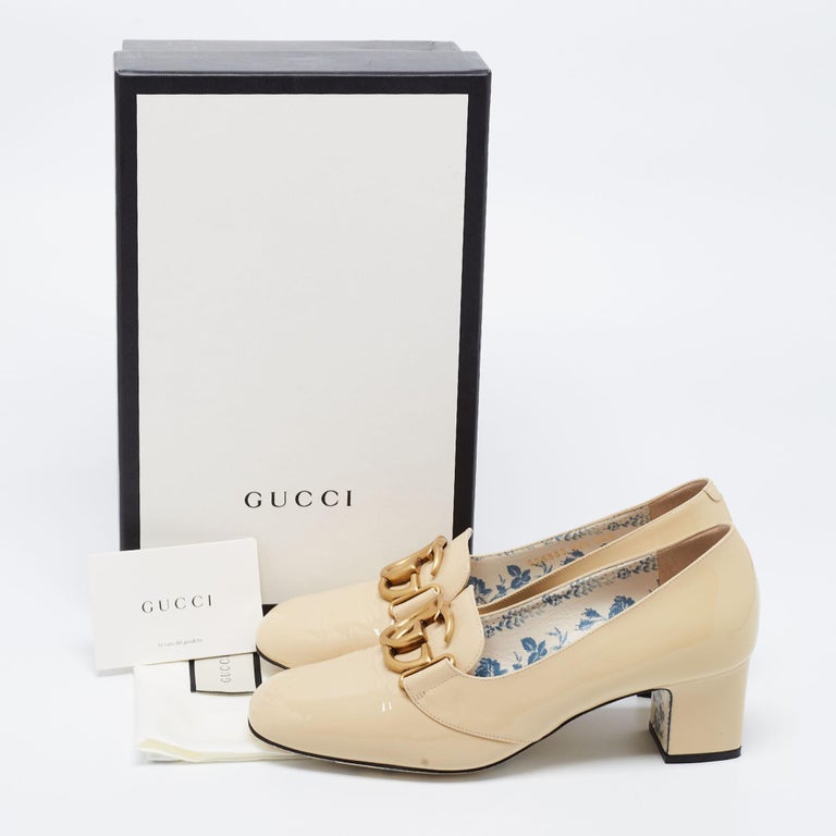 Gucci Beige Patent Leather Victoire GG Logo Block Heel Pumps Size 39.5
