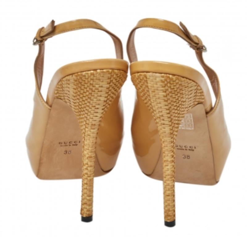 Gucci Beige Patent Peep Toe Platform Ankle Strap Cut Out Sandals Size 38 For Sale 2