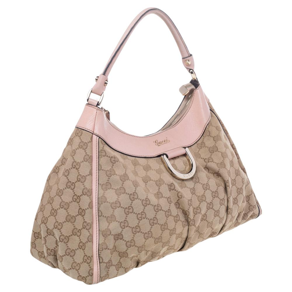 Abbey D-Ring Umhängetasche aus Segeltuch und Leder in Beige/Rosa im Zustand „Relativ gut“ in Dubai, Al Qouz 2