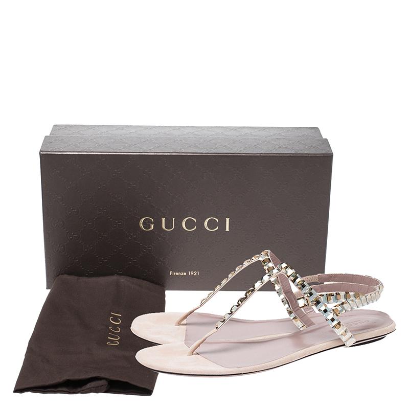 Gucci Beige/Pink Crystal Embellished Suede Mallory Thong Flats Size 39.5 2