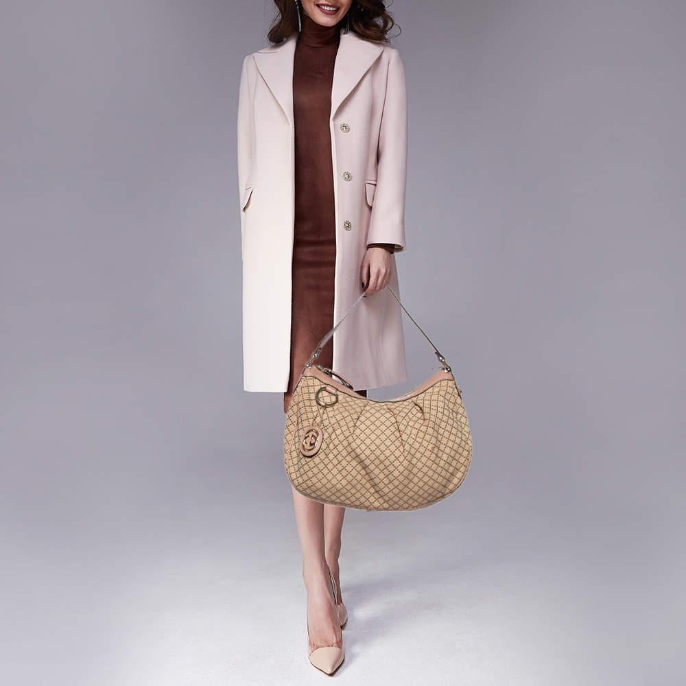 Gucci Beige/Pink Diamante Canvas And Leather Medium Sukey Hobo In Good Condition In Dubai, Al Qouz 2