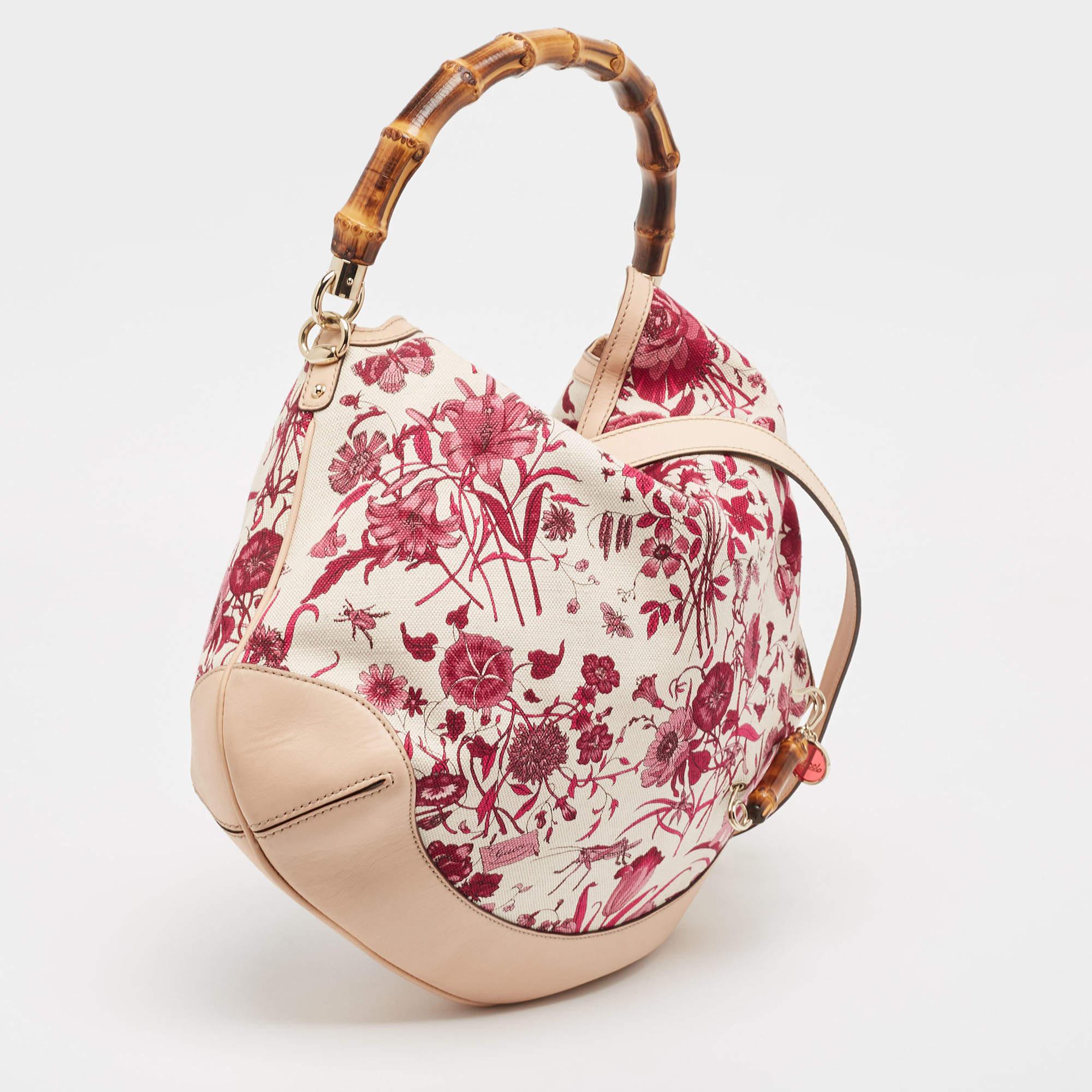 Women's Gucci Beige/Pink Floral Canvas and Leather Peggy Bamboo Handle Hobo