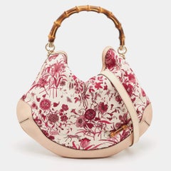 Gucci Beige/Pink Floral Canvas and Leather Peggy Bamboo Handle Hobo