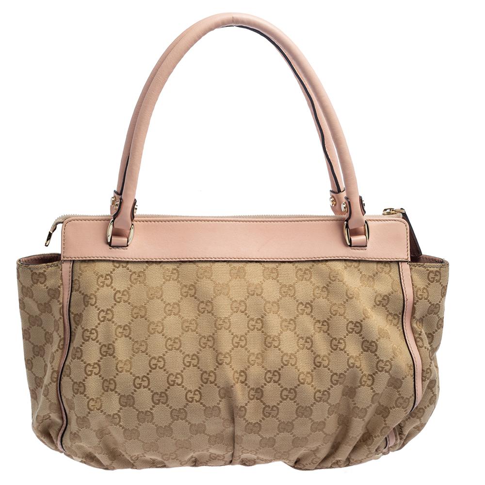 Gucci Beige/Pink GG Canvas and Leather Abbey D-Ring Satchel In Good Condition In Dubai, Al Qouz 2